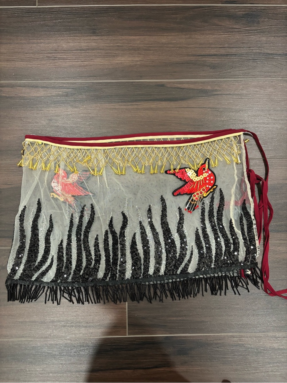 Embellished Mesh Fringe Crossbody with Red Bird Appliqués Sheer Beaded Skirt